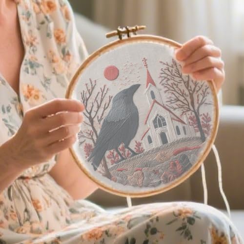 FONNUY Embroidery Kit, Featuring Crow and Landscape Patterns, Cross Stitch Kits for Both Adults and Beginners, Handmade Crafts Printed Pattern Set, Color Thread Needlework, 8'' Hoop (Clever Bird) - color: Clever Bird