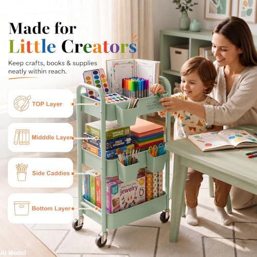 3 Tier Rolling Storage Cart Metal with Wheels,Sage Green Diaper Caddy Carts - color: Sage Green, size: 3 Tier + Cups + Hooks