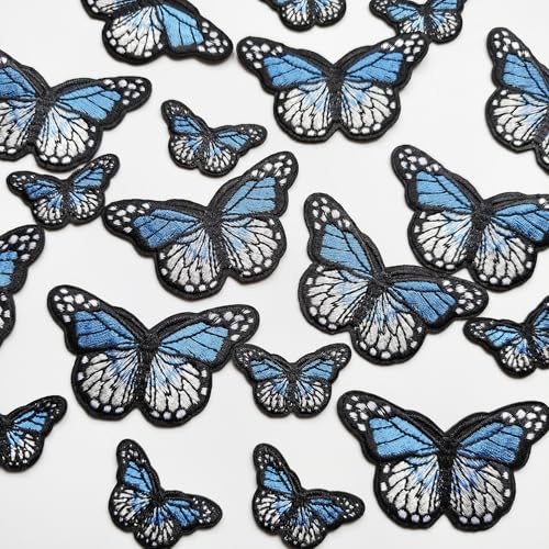 20pcs Butterfly Iron on Patches, 2 Sizes Blue Butterfly Embroidered Patches Applique for Clothes Hats Jeans Jacket - color: Blue butterfly