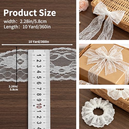 Lace Trim Ribbon, 10-Yard White Lace Ribbon, 2.3 Inch Width White Laces Trims Delicate Floral Pattern Ribbons for Crafts Sewing and Bridal Wedding Dress Applique Decorations - color: White023, Length: 10 Yard, Width: 2.3 inch
