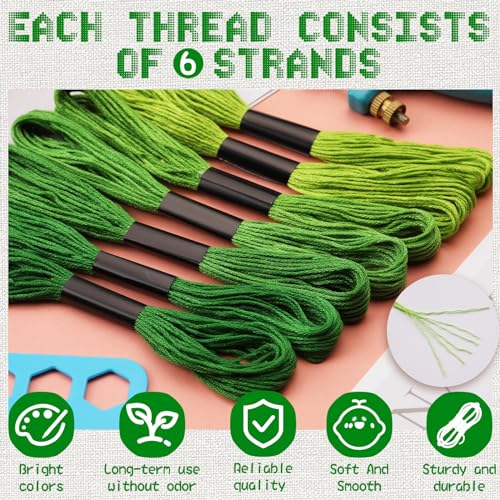 25 Skeins Green Series Cross Floss Stitch Thread, 8m Cotton Embroidery Floss Set with Plastic Bobbins & Needle - color: Green Series-1