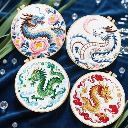 FREEBLOSS 4 Sets Embroidery Kit for Beginners Needlepoint Dragon&Cloud Stamped Embroidery Starter Kit with Instructions, Needles, Threads, 2 Hoops 11.6"/29.5CM - style: Traditional Dragon