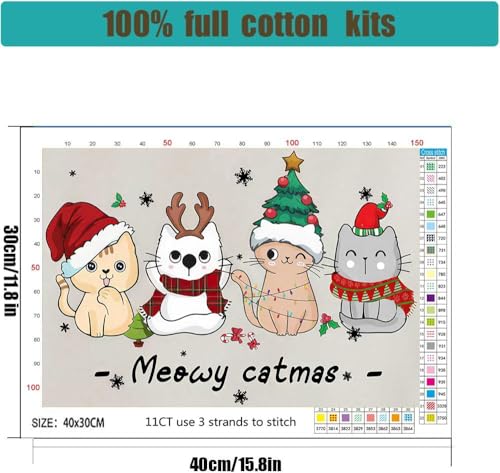 Christmas Cat Stamped Cross Stitch Kits for Adults - Embroidery Kits for Beginners Adults,11 CT Patterns Dimensions Counted Cross Stitch Kits for Adults Arts Craft 16x12 inch - color: Cross stitch-19