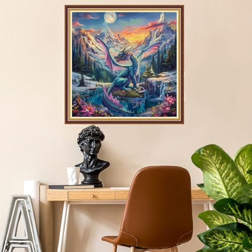 Fanxvivy Stamped Counted Cross Stitch Kits for Adults Printed Cross-Stitch Patterns 11CT Stamped or Counted Cross Stitching Embroidery Kit Needlepoint Kits-Blue Wing Dragon Landscape 18x18 inch - color: Artkits32