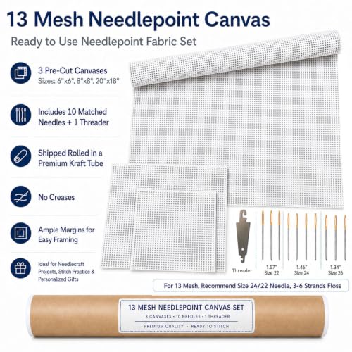 13 Mesh Needlepoint Canvas for Stitching: Rolled Mono Canvas Crease-Free