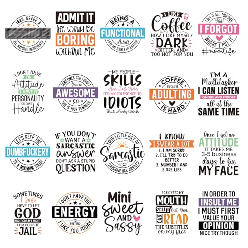 Wxiben Sarcastic Iron on Transfers for T-Shirts - 20 Sheets Funny Snarky Dtf Transfers Ready to Press Humorous Quotes Iron on Patch Decals Heat Transfer Vinyl Stickers for Clothing Hoodie DIY Crafts - style: Humorous Quotes
