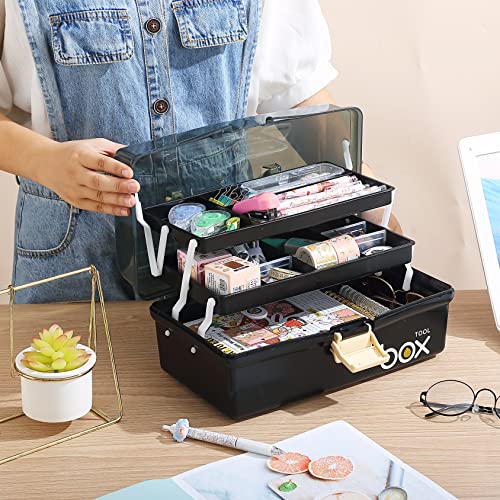 Kinsorcai 12'' Three-Layer Clear Plastic Storage Box/Tool Box, Multipurpose Organizer and Portable Handled Storage Case for Art Craft and Cosmetic (Black) - color: black, size: 1PCS