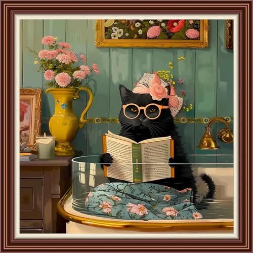 Dimensean Counted Cross Stitch Kit for Beginners, 11CT Unprinted Cross-Stitch Kit Easy Patterns Needlepoint Kit Cross Stitching Embroidery Kit Supplies-Cat Reading in the Water Tank 18x18 inch - color: DIYColor08
