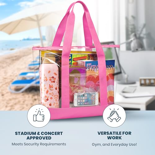 Handy Laundry Clear Tote Bag - Zipper Closure, Long Shoulder Strap, Fabric Trimming. - color: Pink