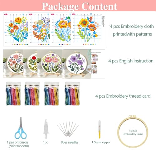 Zhenqing 4-Piece Floral Cross Stitch Kit for Beginners - 11CT 24x24cm Christmas Embroidery Set with Pre-Printed Fabric, Hoop, Threads & Tools(70526) - color: Floral-4 Piece