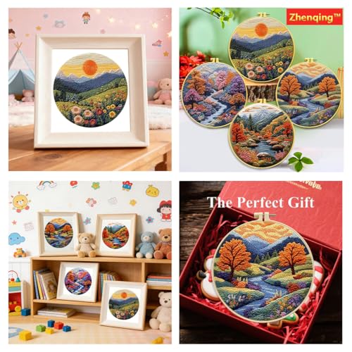 Zhenqing Mountain Landscape Embroidery Kit 4 Pack, Seasonal Scenery Craft Set with 20cm Hoop, Printed Designs on 29x29cm Cotton Fabric, DIY Nature Wall Art (JC0166)