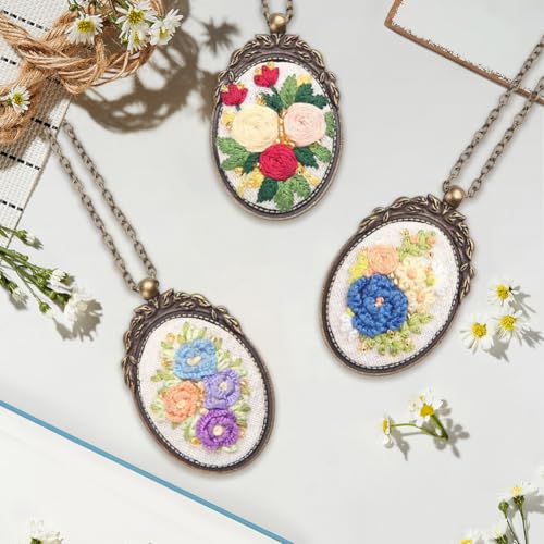 SUNNYCLUE DIY 3 Sets Embroidery Necklace Kits Embroidery Necklace Pendant Trays with Paper Instructions Flower Mini Cross Stitch Kit for Jewelry Making Supplies Adult Beginners Starter Handmade Gifts - style: Flower 2