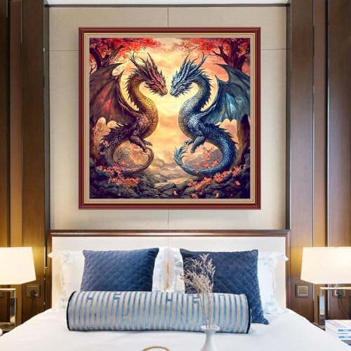 Funchey Counted Cross Stitch Kits for Adults Needlepoint Kits Unprinted Cross Stitching Embroidery Kit 11CT Cross Stitch Supplies& Two Magical Dragons 18x18 inch - color: DIYCrafts17