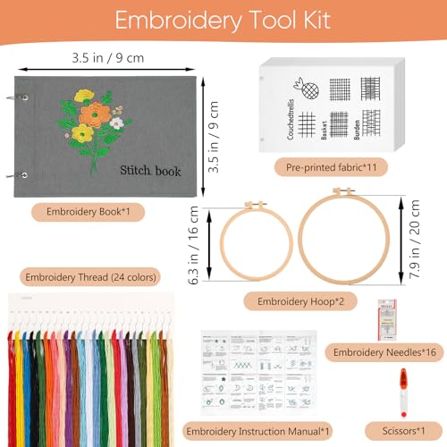 Homoyoyo Embroidery Stitch Book Kit for Adult Beginners, Learn 38 Stitches with 13 Large Loose Leaf Fabric Practice Pages, 2 Hoops, 24 Color Threads, Needles, Scissors and Instruction Manual