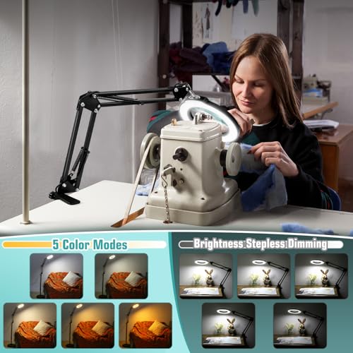 12X Magnifying Glass with Light and Stand, Real Glass Lens (Not Acrylic), 5 Color Modes, Stepless Dimmable, LED 3-in-1 Floor Lamp, Swing Arm with Clamp, Lighted Magnifier Hands Free for Craft, Reading - color: Black