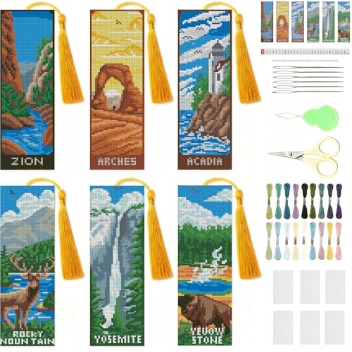 NEGEKFKX 6 Pcs National Park Cross Stitch Bookmark Kit for Adult Beginners - color: Cross stitch bookmark-11