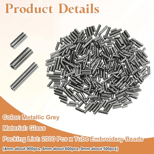 MECCANIXITY 2000pcs Glass Bugle Beads 4/6/9mm Long Tube Cylinder Beads - color: Metallic Grey