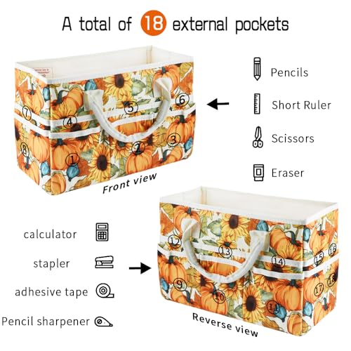Craft Organizer Tote Bag with Multiple Pockets,Scrapbooking Art Storage - color: Pumpkin Flower