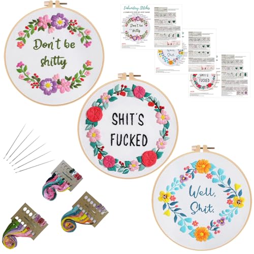 Louise Maelys 3 Sets Funny Embroidery Kits for Beginners - color: kit-12