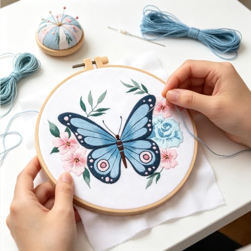 Silentsea Blue Butterfly Embroidery Kit for Beginners – Complete DIY Stitching Craft Set with Pre-Printed Fabric, Hoop, Threads & Video Tutorial – Ideal for Home Decor & Handmade Gifts - color: Blue Butterfly
