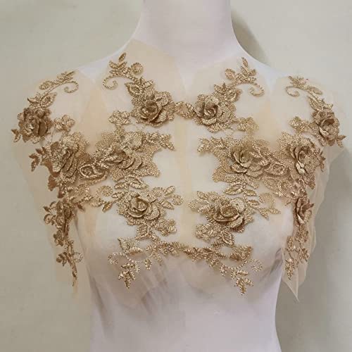 2 Pair 29 * 13cm Red/Pink/Purple/Sky Blue Wedding Dress Lace Shirt Accessories Embroidery Lace Garment Design DIY Accessories (Earthy Gold) - color: Earthy gold