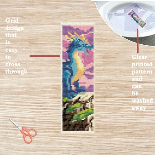 FREEBLOSS 6 Set Cross Stitch Bookmark Kit Stamped Cross Stitch Kit Western Dragon Embroidery Set with Instruction for Adults 8''x2.4'' - style: Dragon