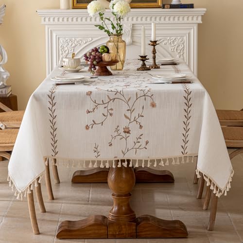 Joyfol Day Linen Waterproof Tablecloth with Tassels, Rustic Farmhouse Flowers Embroidery Table Cloths for Rectangle Tables, Heavy Weight Spill-Proof Table Covers, Coffee Florals, 55''x 70'' - color: Coffee Florals, size: 70" x 55" (Rectangular)