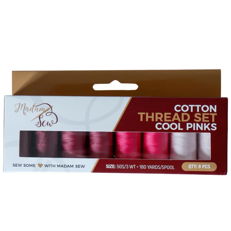 Madam Sew Cotton Thread Set – 8 Small Spools – 100% Cotton Thread for Sewing Machine & Hand Stitching | Strong, Low-Lint All Purpose Threads for Fabric, Quilting, and Stitching – Cool Pinks - color: Cool Pinks