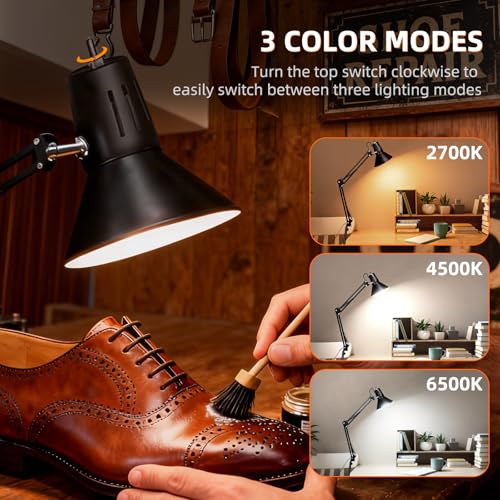 Black Dimmable Desk Lamp with Clamp, Extra-Tall Adjustable Swing Arm - color: Black, size: 3Adjustable Color Temperature-Extra Long Swing Arm