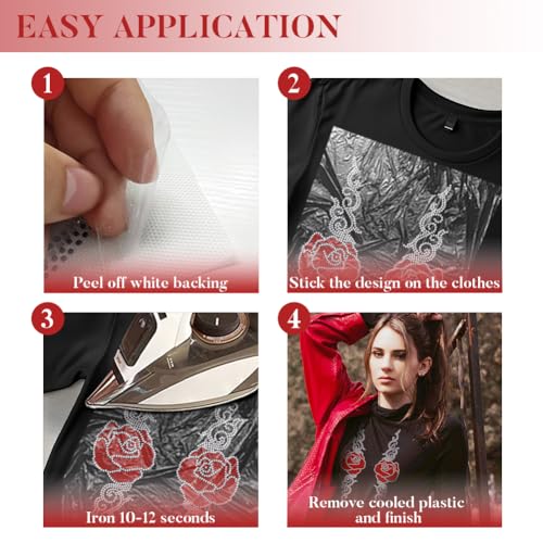 2 Pcs Curl Rose Pattern Iron on Rhinestones Transfer, Bling Crystal Clothing Repair Applique Heat Transfer Decal Heat Transfer Patch for T-Shirt Clothing Pants Bags - style: Curl Rose