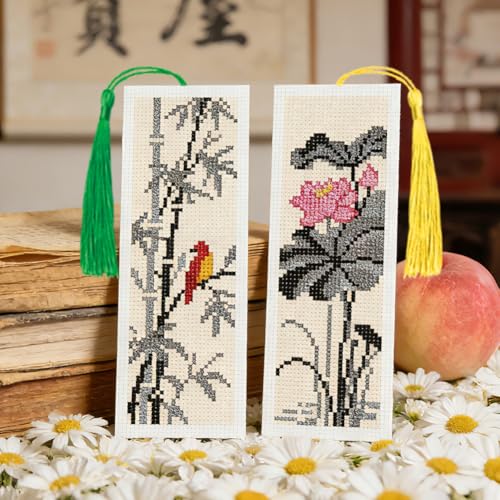 ACRNIGHEET 6PCS Cross Stitch Bookmark Kit for Beginner Chinese-Style Stamped Cross Stitch Kits Needlepoint Kit for Adults DIY Tassel Embroidery Bookmark Kits with Instructions Craft Gift 8.5"x3" 11CT - style: Chinese-Style Patterns