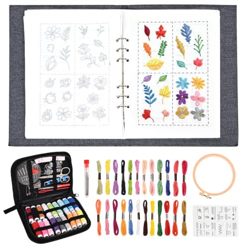 yewgag 2026 New Embroidery Stitch Book Kit,Loose-Leaf Design,Large Size,with 6'' Embroidery Hoop,24 Colors Embroidery Thread,138 Patterns,Stitch Diagram,Complete Sewing Tool,Sewing Kits for Beginners