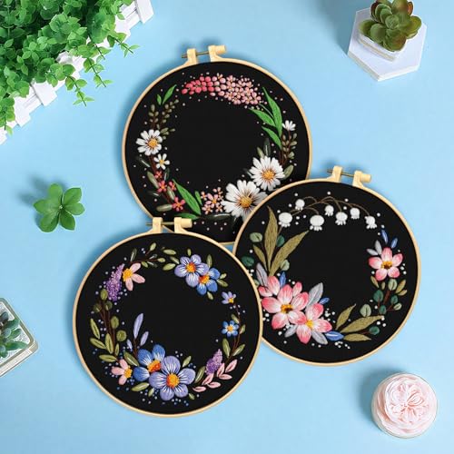 ERKOON 3 Sets Embroidery Kit, Floral Cross Stitch Set for Include Embroidery Cloth Hoops Threads for Craft Lover Hand Stitch (Garlands) - color: Garlands
