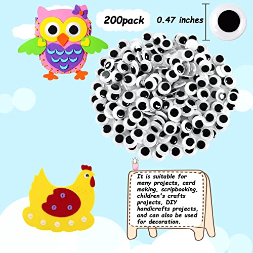 FEBSNOW 200Pcs 12mm Googly Wiggle Eyes Self Adhesive for DIY Crafts - size: 12mm