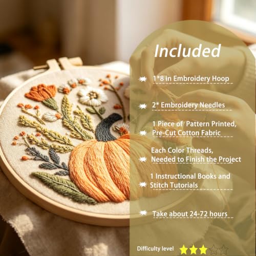 FONNUY Pumpkin Embroidery Kit for Beginners, Pre-Stamped Pattern Kits for Adults with Hoop, Easy to Follow Color Thread Needlework, 8'' Hoop (Flowers) - color: Flowers