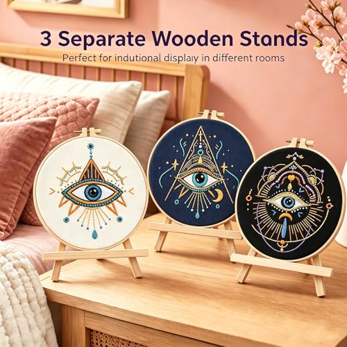 Qupace 3 Pcs Black Evil Eye Embroidery Kits for Beginners Adults,Stamped Cross Stitch Craft Set with 3 Embroidery Hoops & Finished Stands, Halloween Embroidery Wall Decoration - color: Brown