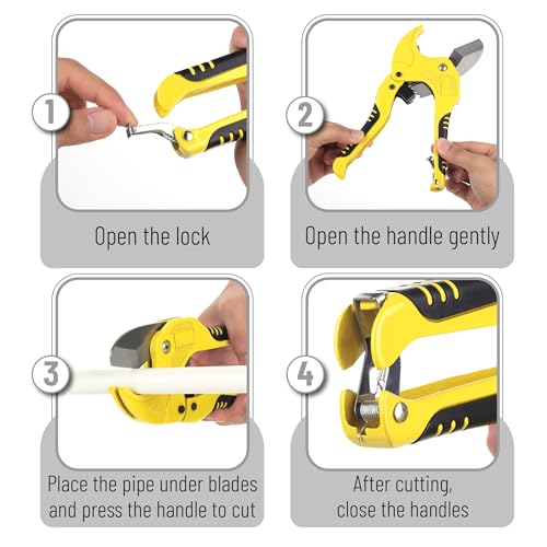 Bates- PVC Pipe Cutter, Cuts up to 1-5/8", Ratchet Pipe Cutter, PEX Cutting Tool for Cutting PEX, PVC, PPR Plastic Hoses and Plumbing Pipes, Black & Yellow - color: Black & Yellow