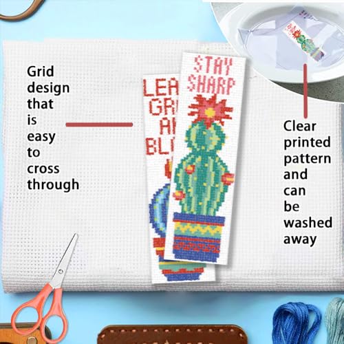 FREEBLOSS 6 Set Cross Stitch Bookmark Kits Cactus Potted Plant Pattern Stamped Cross Stitch Kit 11CT Embroidery Kit with Instructions for Beginners 20x6cm/8x2.4inch - style: Cactus Text