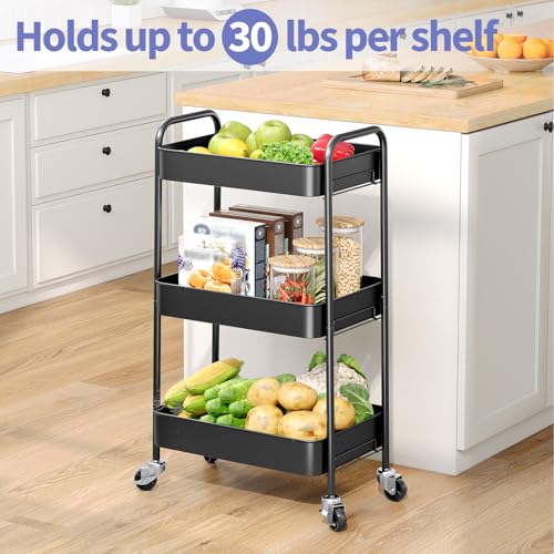 TOOLF 3 Tier Metal Rolling Cart, Utility Storage Cart with Wheels, Black - color: Black, size: 3-Tier