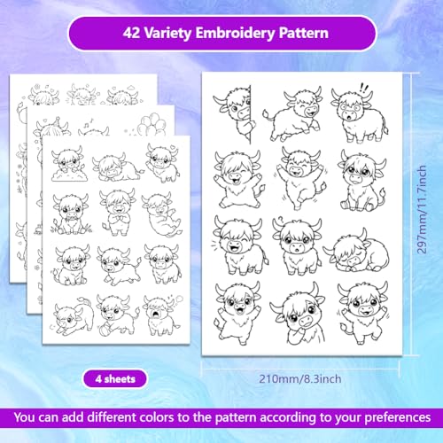 ORIGACH 4 Sheets A4 Highland Cow Water Soluble Embroidery Patterns, Stick and Stitch Paper for Animal-Themed DIY Sewing, Beginners Hand Sewing Stabilizers - color: Highland Cow