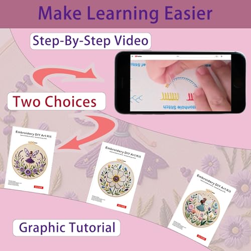 Vereela 3 Pack Fairy & Flower Embroidery Kit for Beginners - DIY Cross Stitch Starter Set with Hoop, Threads, Needles, Scissors & Instructions - Art Craft Gift for Adults & Teens - color: Fairy