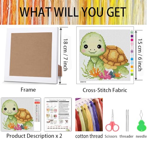 VIGEGU Turtle Stamped Cross Stitch Kits for Adult Beginner with Frame - color: Turtle