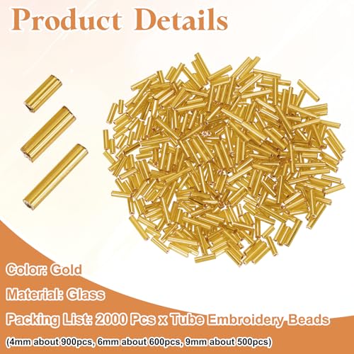 MECCANIXITY 2000pcs Glass Bugle Beads 4/6/9mm Long Tube Cylinder Beads - color: Gold