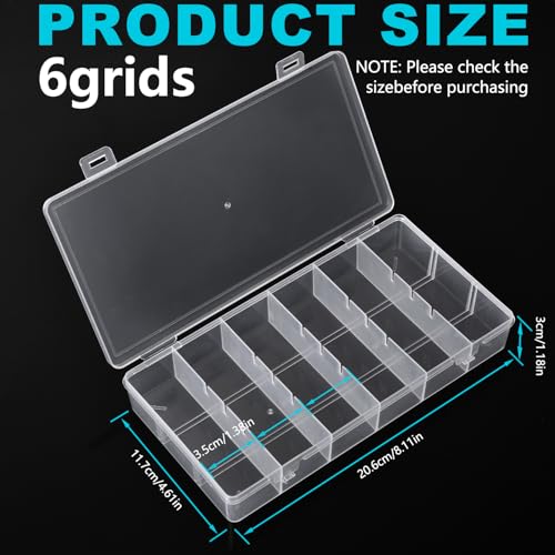 2 Pack Clear Plastic Organizer Box with 6 Grids for Beads, Crafts, Art DIY, Jewelry, Screws, Pins, Fishing Gear, Small Items（No dividers）