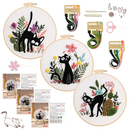 3 Pack Cat Embroidery Kits for Beginners Adults, Starter Cross Stitch Kit - color: Cat