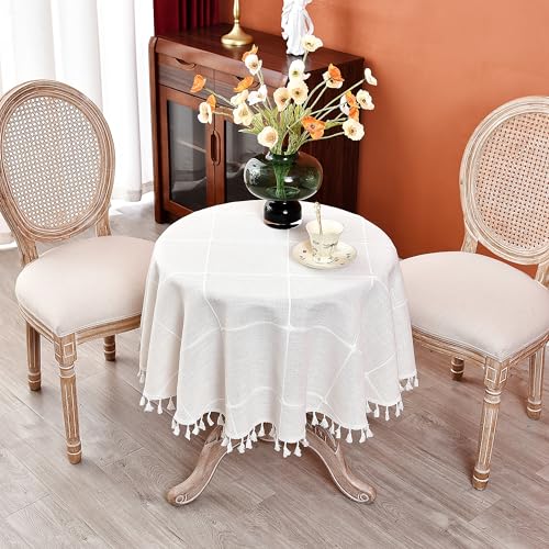 Plaid Round Tablecloth 36 Inch Cotton Linen Round Table Cloth - color: Off-white, size: 36" (Round)