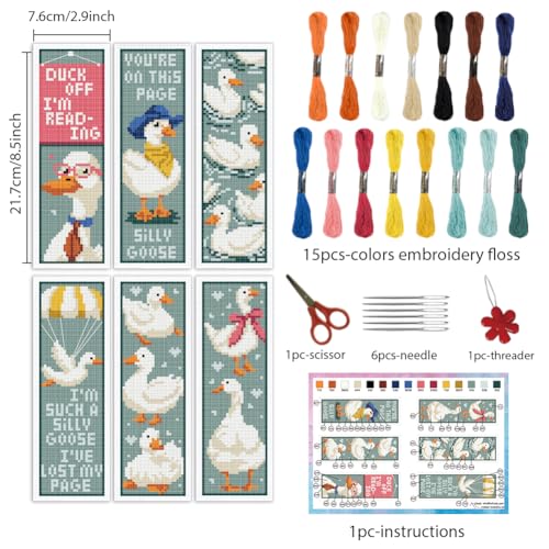 INFUNLY 6PCS Duck Cross Stitch Bookmark Kit for Beginners 2.99''×8.54'' Duckling Stamped Embroidery Bookmark Kits with Words Animals Needlepoint Bookmark Kit with Instruction for Book Lovers Readers - style: Duck
