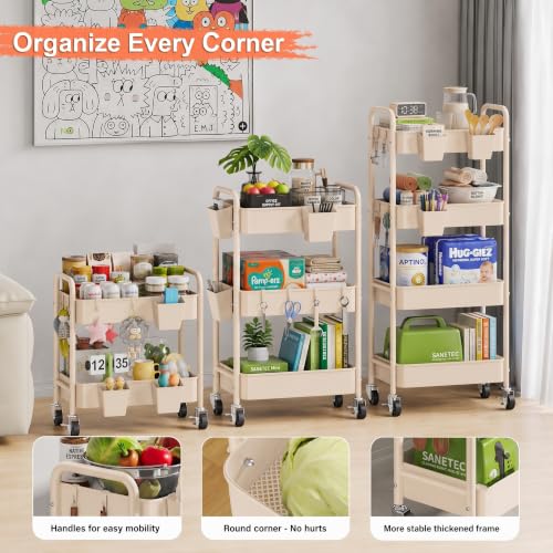 2 Tier Small Rolling Cart Metal with Wheels, 22 Inch Beige Under Desk Carts - color: Gentle‌ Beige, size: 2 Tier + Cups + Hooks