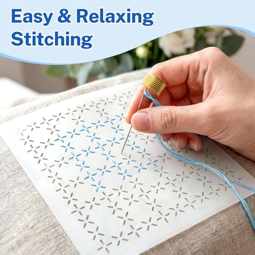 Sashiko Kit, Includes Sashiko Thread, 100% Cotton Fabric, Needle, Thimble, Threader, and Sashiko Pattern Template. Ideal for Sewing Beginners, Mending, and Hand Quilting.