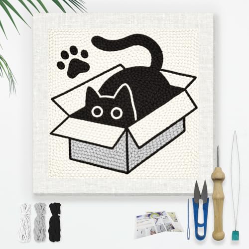 DOODLREAM Hiding Cat DIY Punch Needle Embroidery Kit for Beginner - color: Black Cat